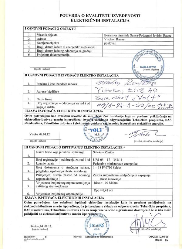 ELEKTRO CERTIFIKAT ZA PODZEMNI LABIRINT RAVNE