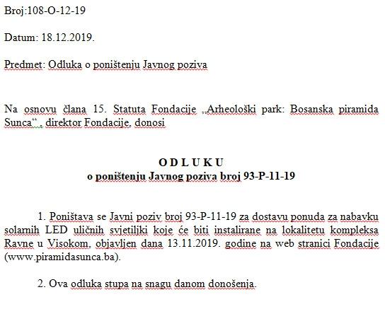 ODLUKA o poništenju Javnog poziva broj 93-P-11-19
