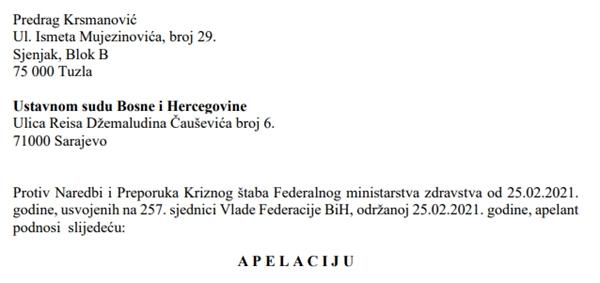 Zbog političke diktature Kriznog štaba apelacija Ustavnom sudu BiH