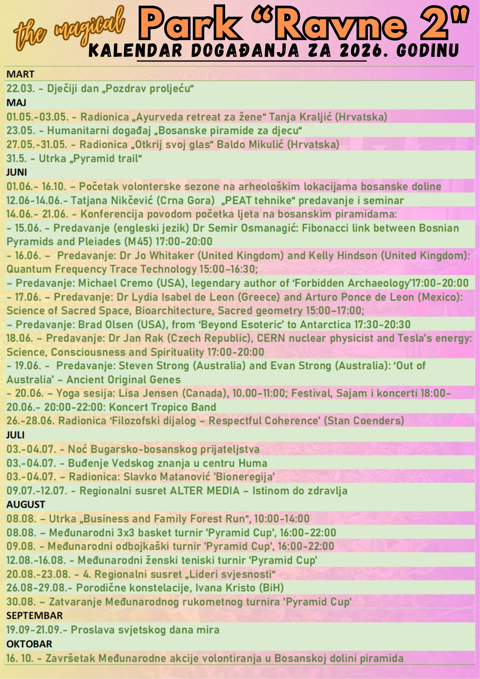 KALENDAR DOGAĐAJA U PARKU „RAVNE 2“ ZA 2026. GODINU