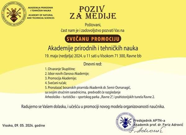 U NEDJELJU 19.05.2024.GODINE PROMOCIJA AKADEMIJE PRIRODNIH I TEHNIČKIH NAUKA U KOMPLEKSU RAVNE