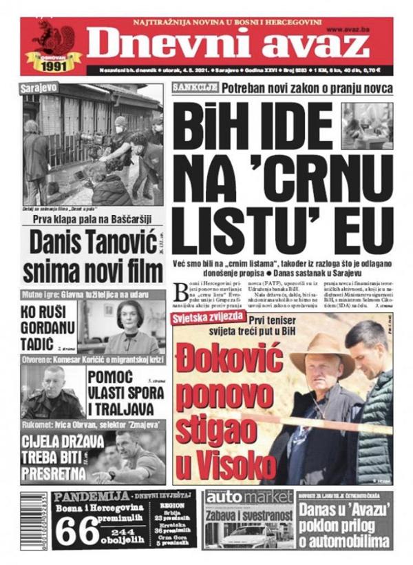 Naslovnica Dnevnog avaza: Đoković ponovo stigao u Visoko